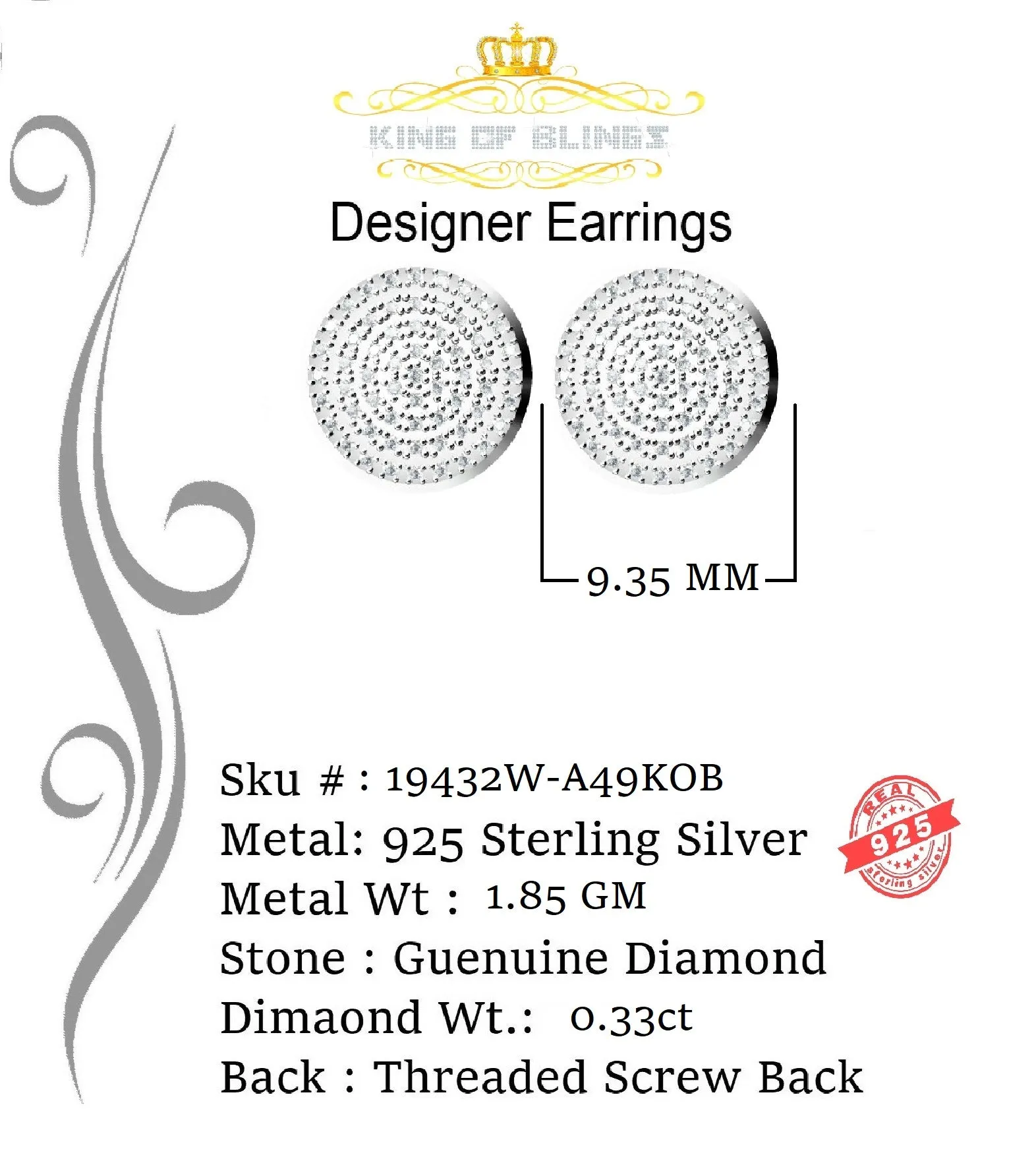 0.33ct Diamond 925 Sterling Silver White For Men's/Women's Stud Round Earrings