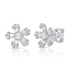 14k Gold & Diamond Baguette Flower Stud Earrings - 0.72ct