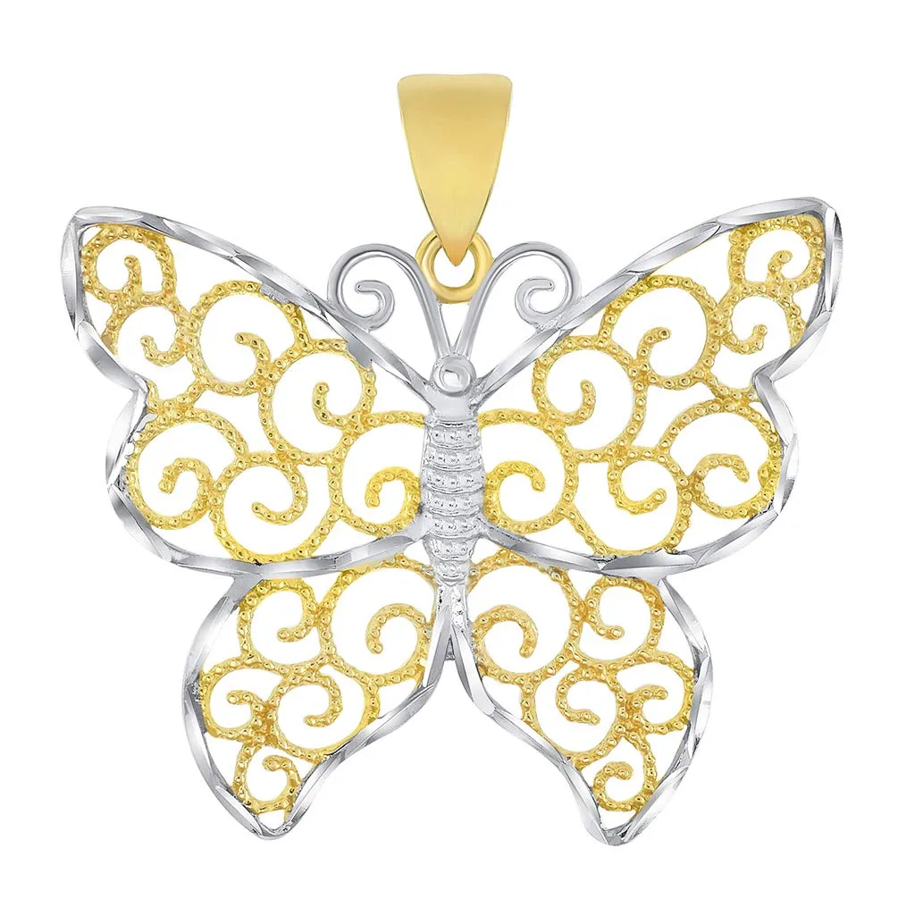 14k Gold Open Filigree Two-Tone Infinity Butterfly Pendant Curb Chain Necklace - Yellow Gold