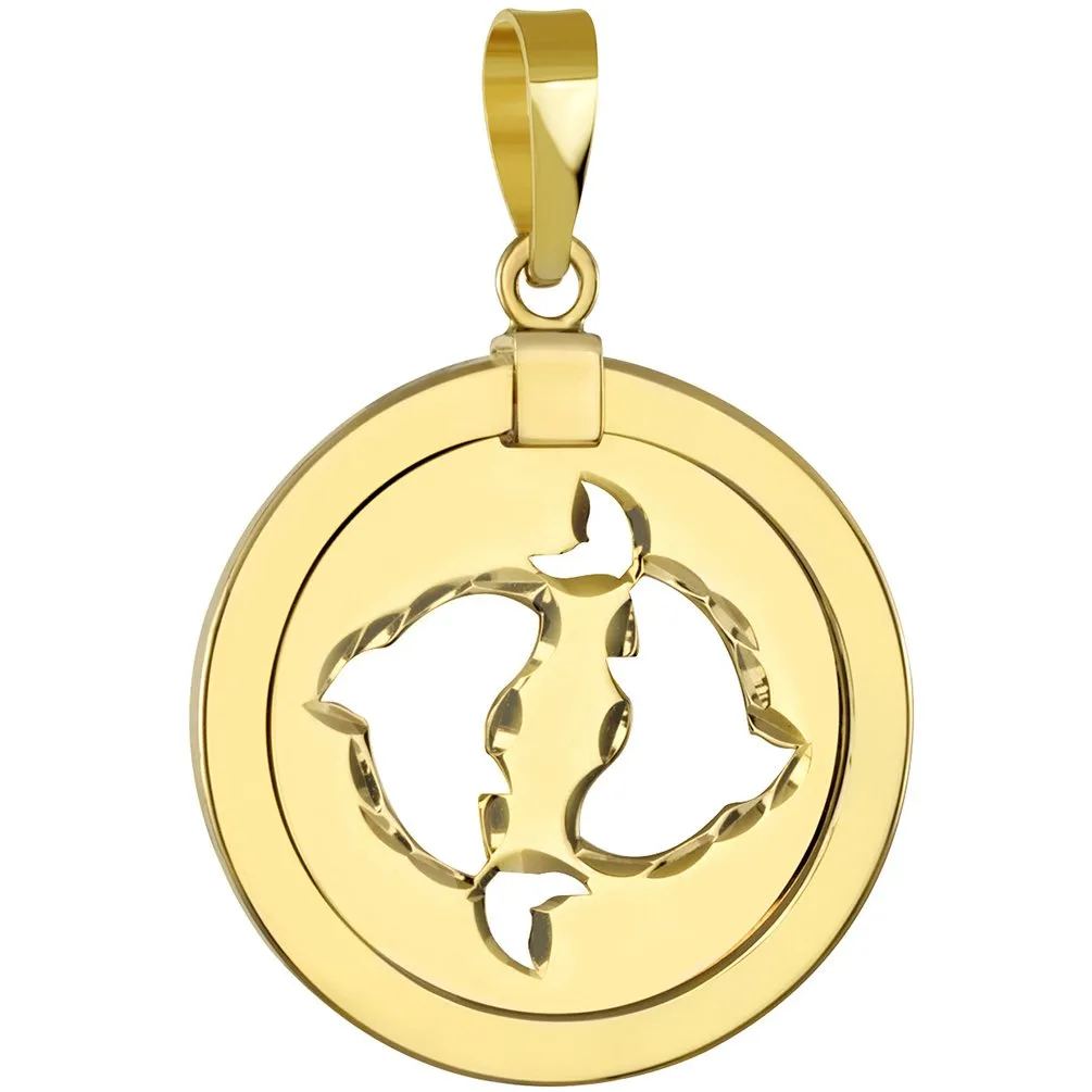 14K Gold Reversible Round Pisces Zodiac Sign Pendant Necklace - Yellow Gold