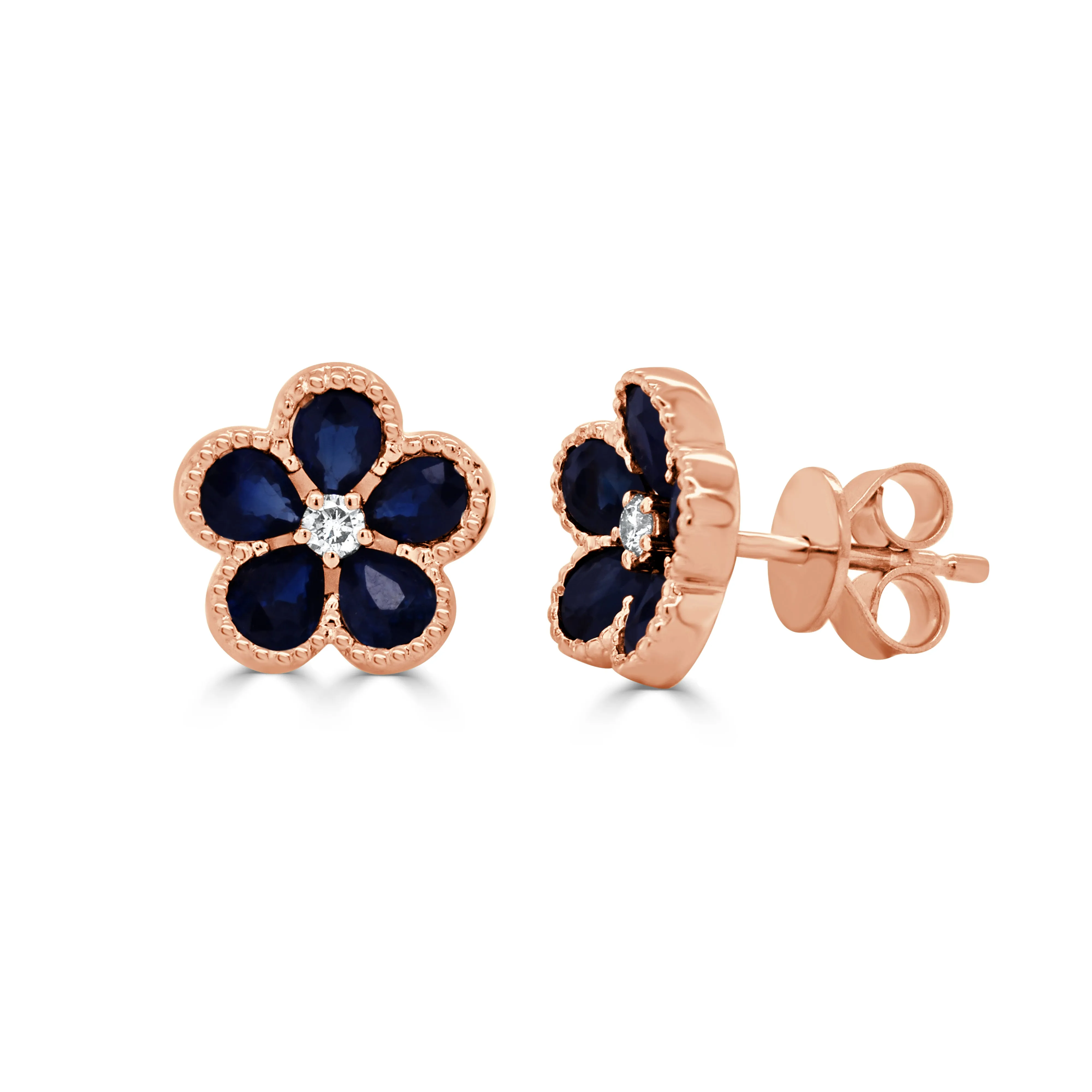 14K Gold Round Diamond & Pear Shape Sapphire Flower Earrings