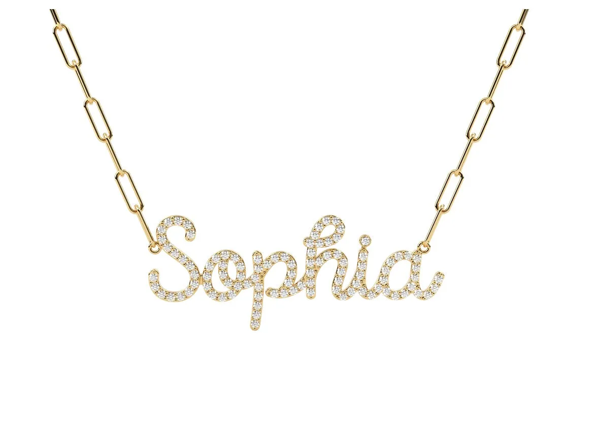 14k Pave Name On A Link Chain Necklace