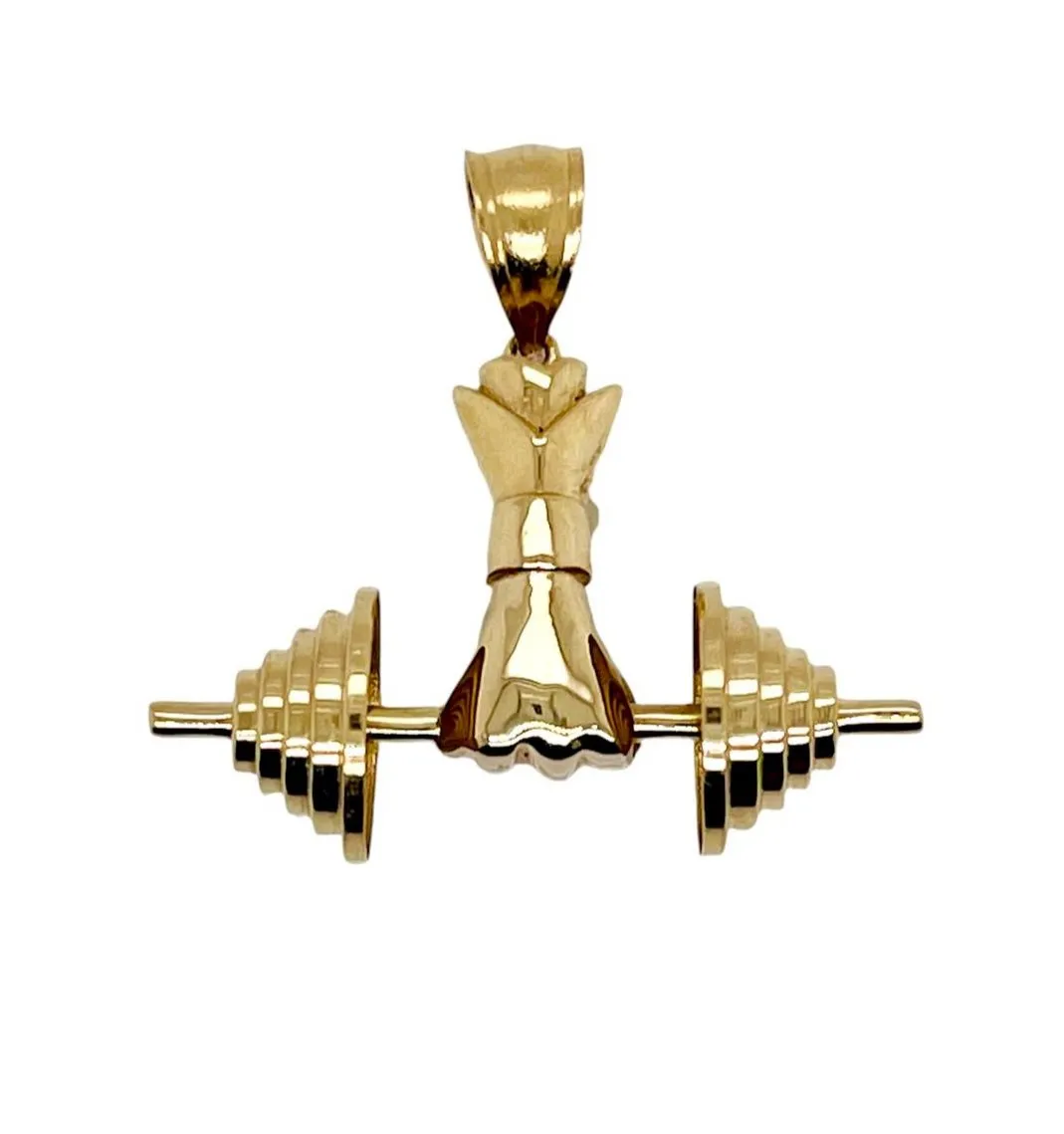 14k Solid Gold Yellow Gold 3D Dumbbell Hand Weight Lifter Pendant 5.5 grams