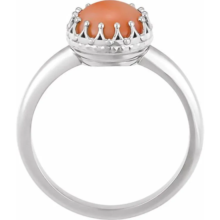 14K White 5 mm Natural Pink Coral Crown Cabochon Ring