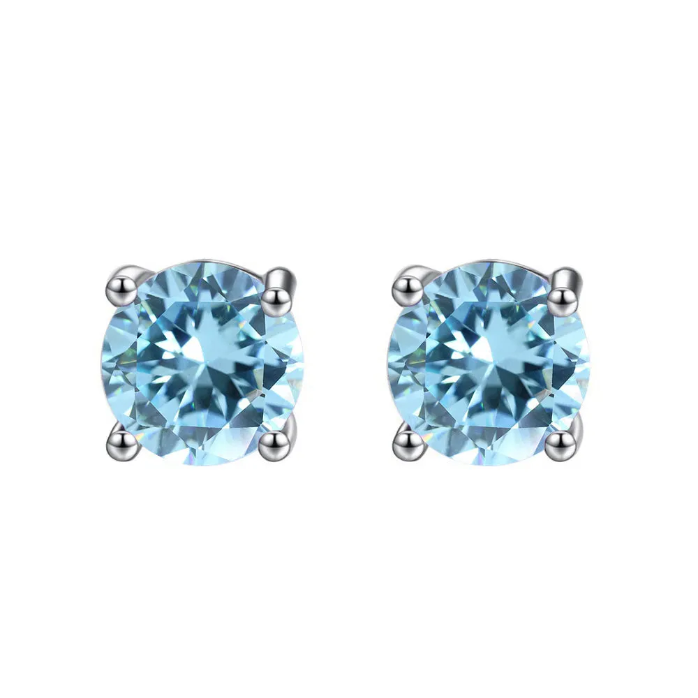 14k White Gold Plated 3 Carat Round Created Blue Topaz Sapphire Stud Earrings