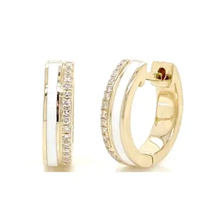 14K Yellow Gold & White Enamel Diamond Huggie Hoop Reversible Earrings