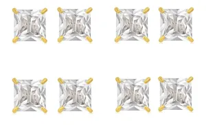 14k Yellow Gold Plated 1/2Ct Square Cut White Sapphire Set Of Four Stud Earrings