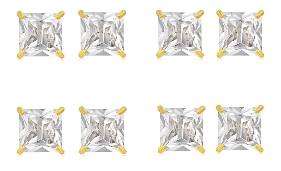 14k Yellow Gold Plated 1/2Ct Square Cut White Sapphire Set Of Four Stud Earrings