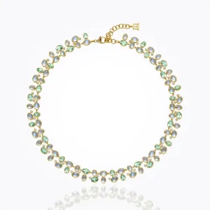 18K Cluster Necklace in Royal Blue Moonstone, faceted Green Beryl, and diamond