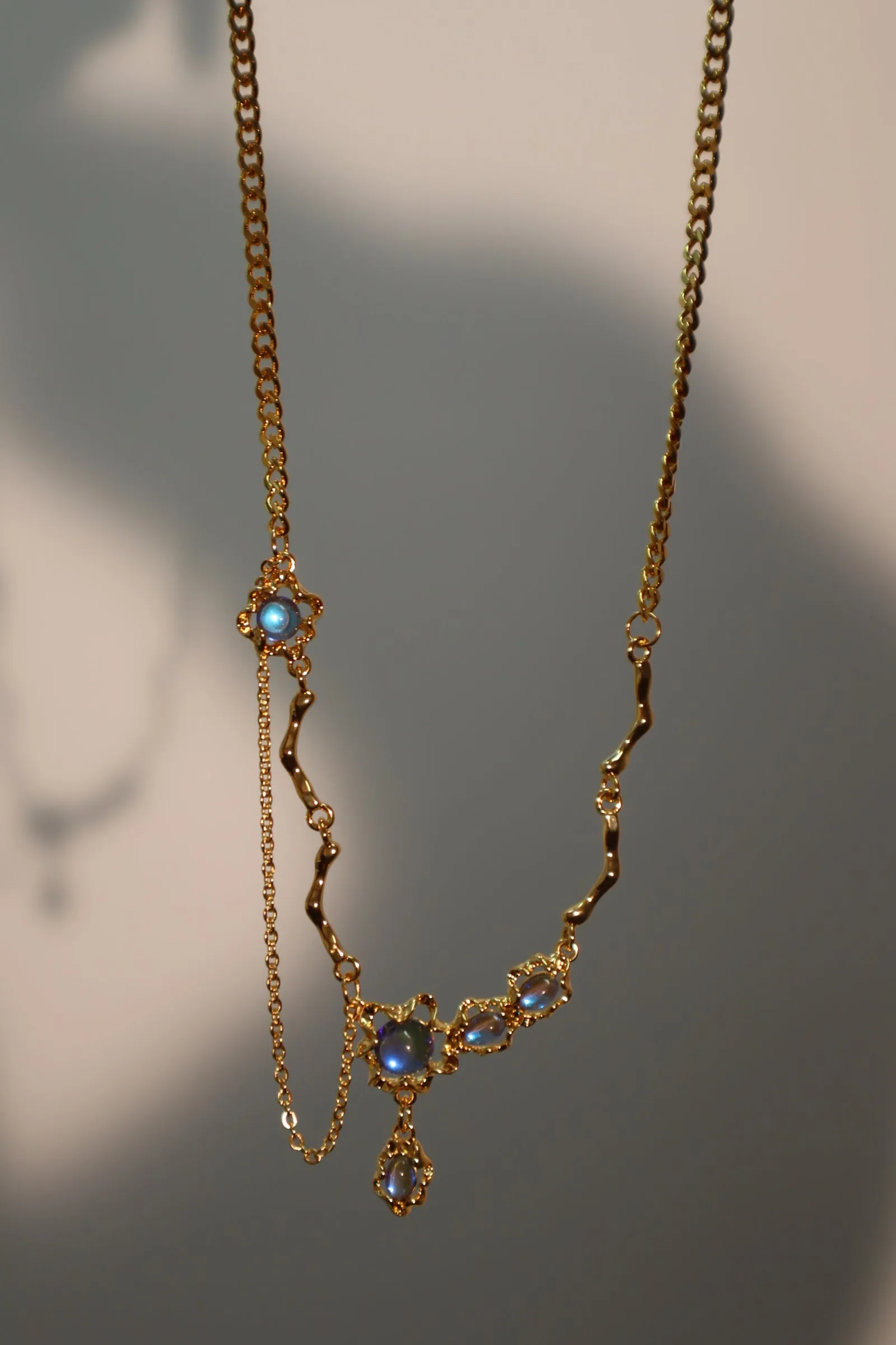 18K Real Gold Plated Deep Blue Moonstone Dangle Necklace