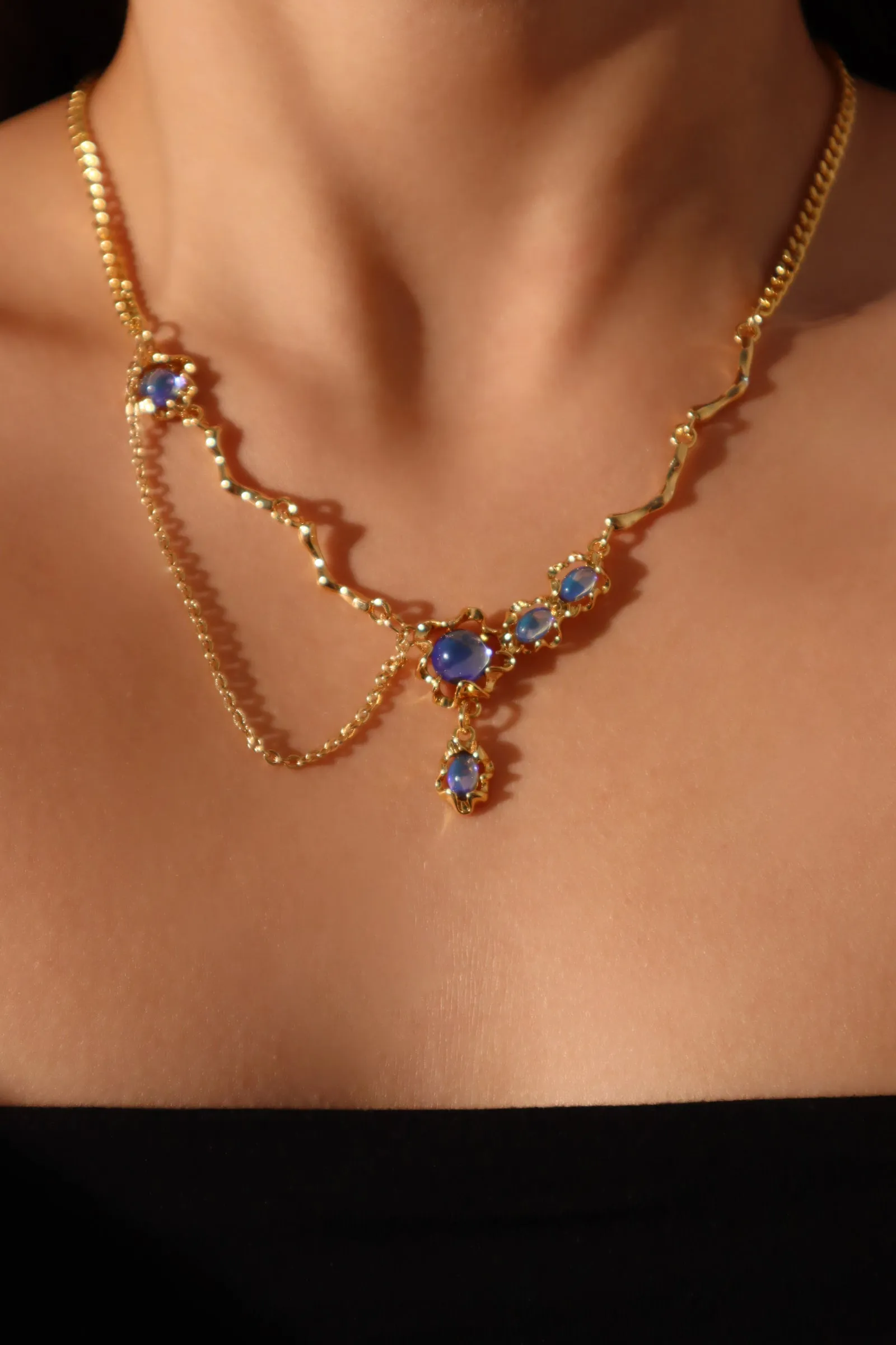 18K Real Gold Plated Deep Blue Moonstone Dangle Necklace