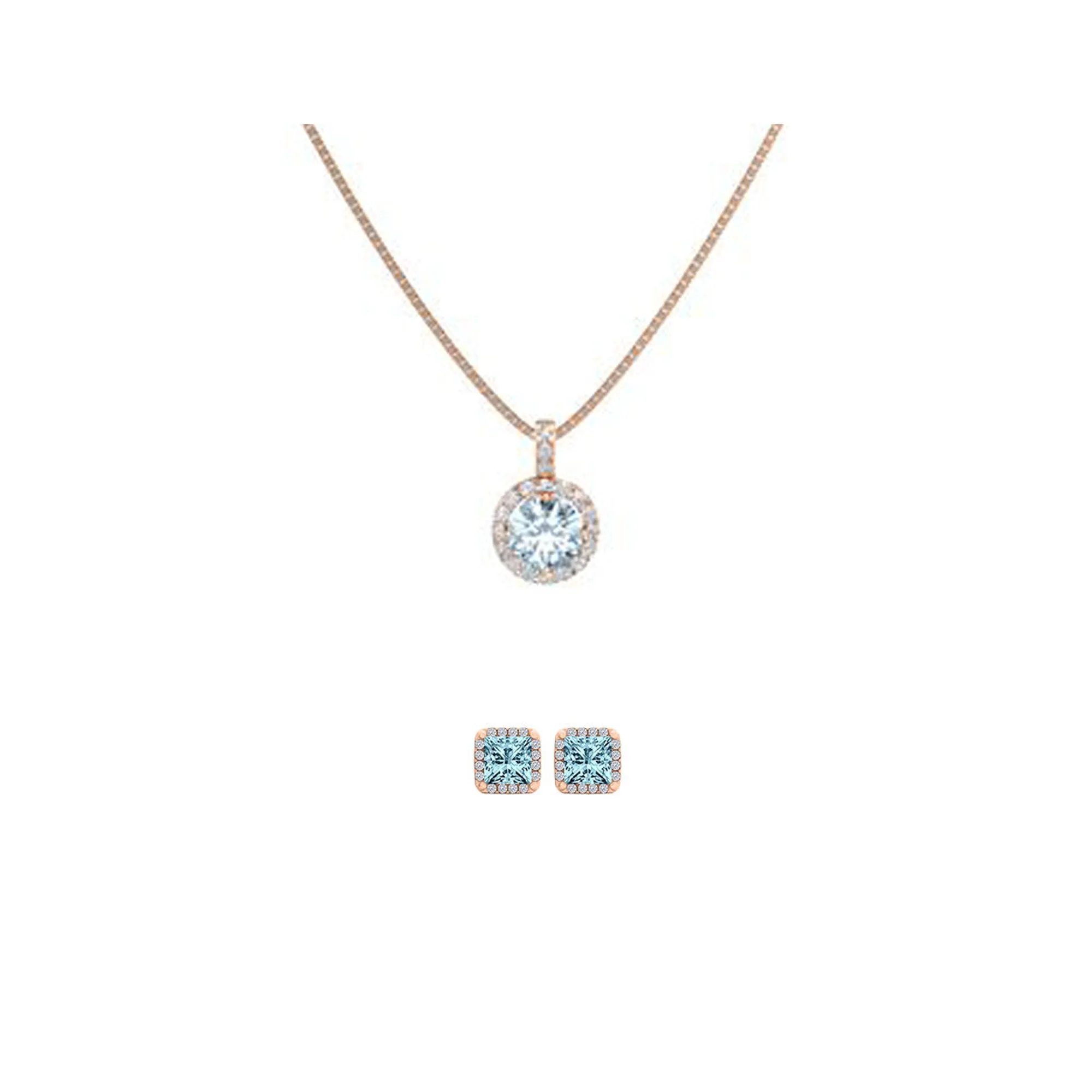 18K Rose Gold 3ct Halo Aquamarine Round 18 Inch Necklace and Halo Square Earrings Set Plated