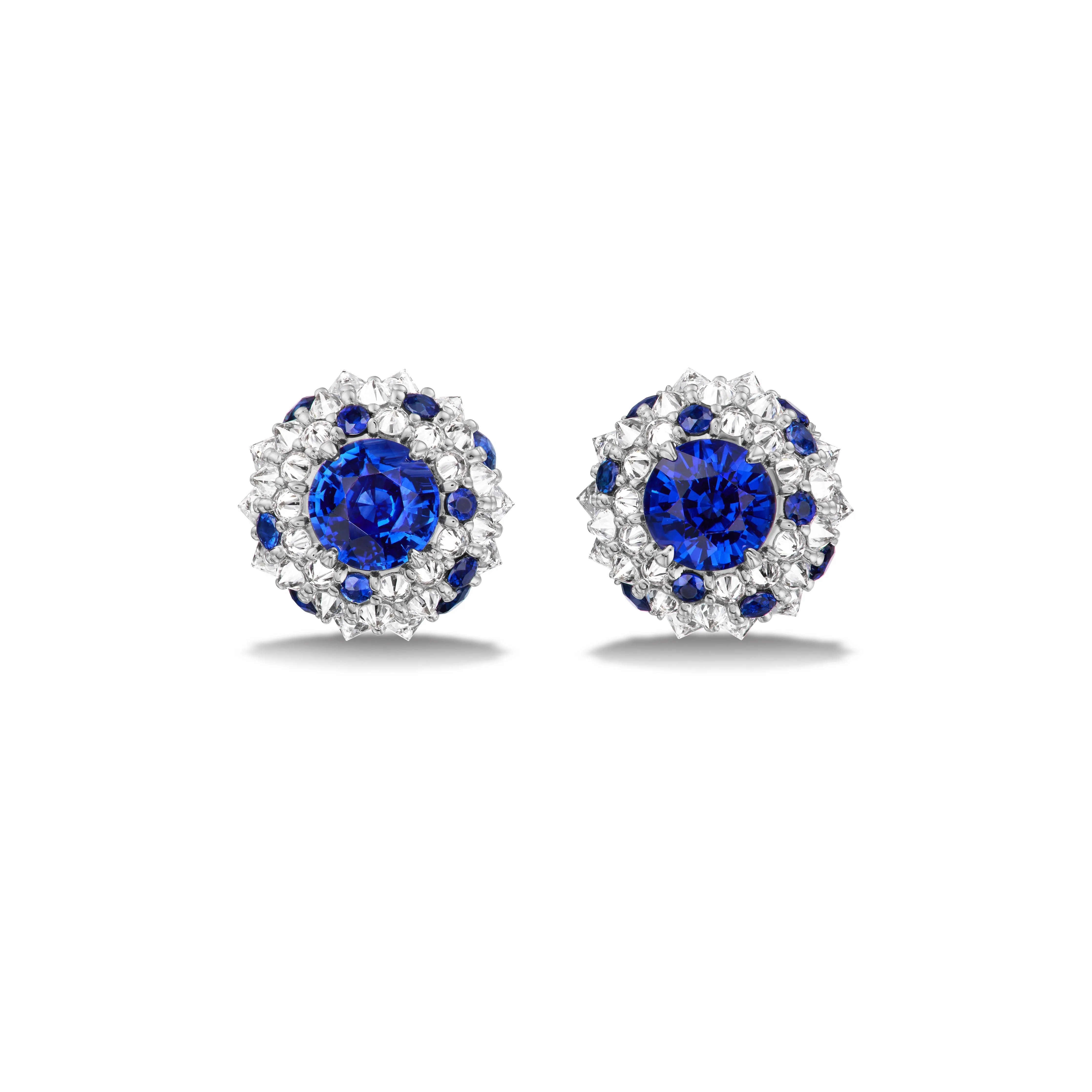 18K White Blue Sapphire and Natural Diamond Earrings