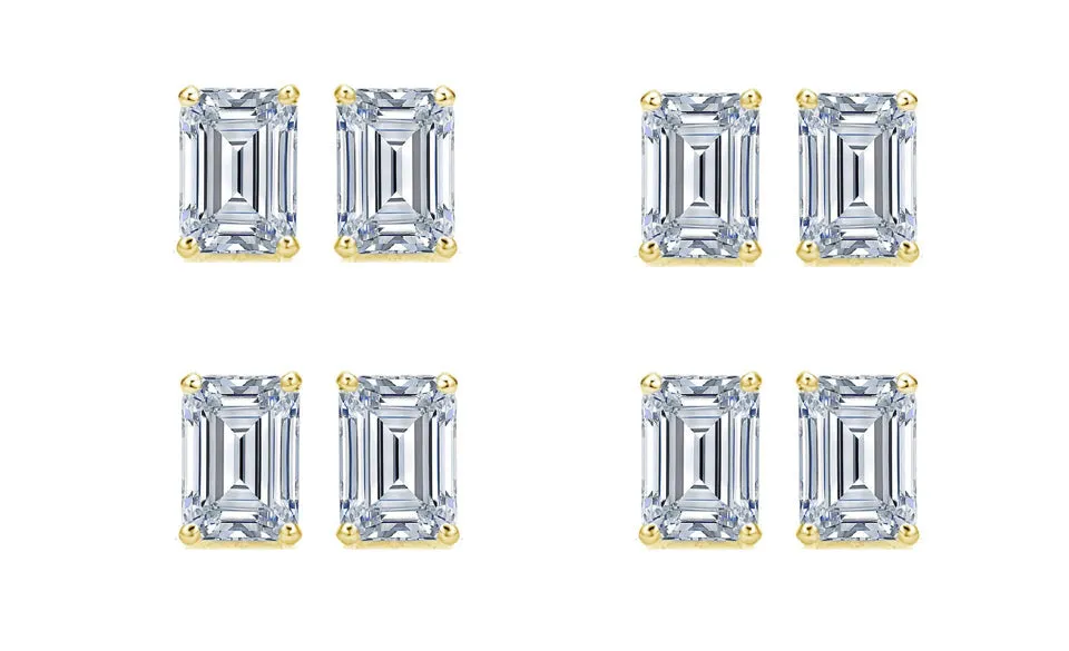 18k Yellow Gold 1/2Ct Emerald Cut White Sapphire Set Of Four Stud Earrings Plated