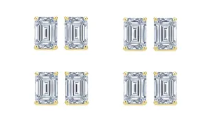 18k Yellow Gold 1/2Ct Emerald Cut White Sapphire Set Of Four Stud Earrings Plated