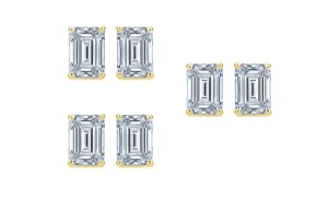 18k Yellow Gold 3Ct Emerald Cut White Sapphire Set Of Three Stud Earrings Plated