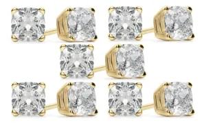 18k Yellow Gold 4mm 1/2Ct Cushion Cut White Sapphire Set Of Five Stud Earrings Plated