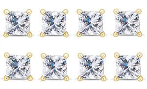 18k Yellow Gold Plated 4mm 1/2Ct Princess Cut White Sapphire Set Of Four Stud Earrings