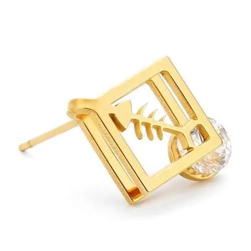 1pc Square Fish Bone Zircon Crystal Stud Earrings Gold Silver Plated