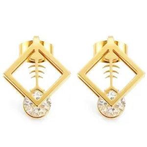 1pc Square Fish Bone Zircon Crystal Stud Earrings Gold Silver Plated