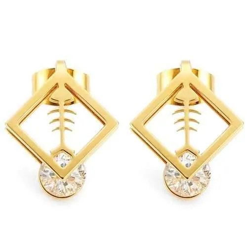 1pc Square Fish Bone Zircon Crystal Stud Earrings Gold Silver Plated