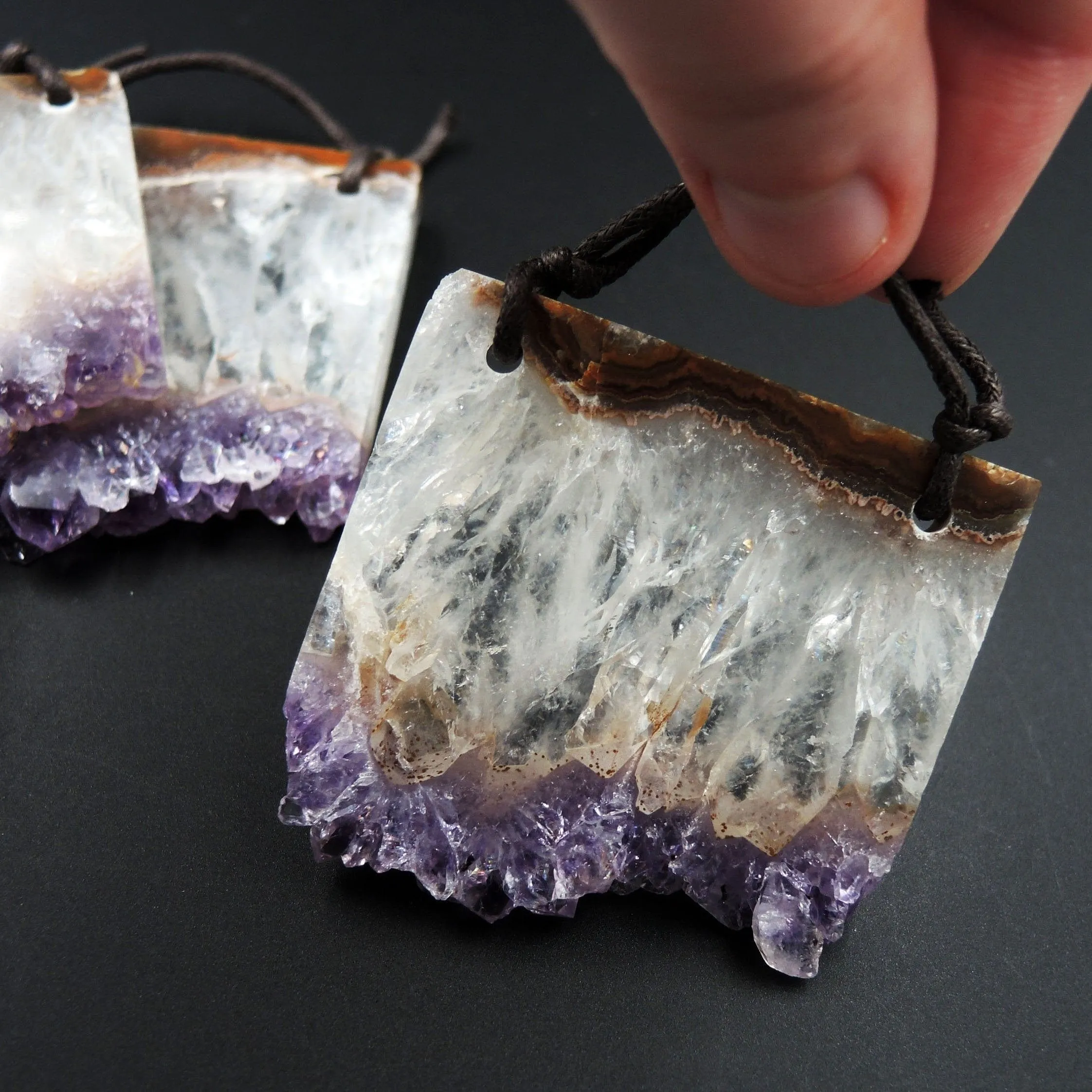 2 Hole Pendant Amethyst Stalactite Pendant Drilled Stalactite Flat Slice Freeform Natural Gemstone Pendant Bead Good For Leather P1600