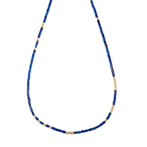 24 GOLD BEADS   LAPIS TUBE BEADED NECKLACE