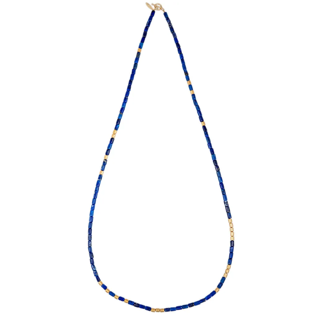 24 GOLD BEADS   LAPIS TUBE BEADED NECKLACE