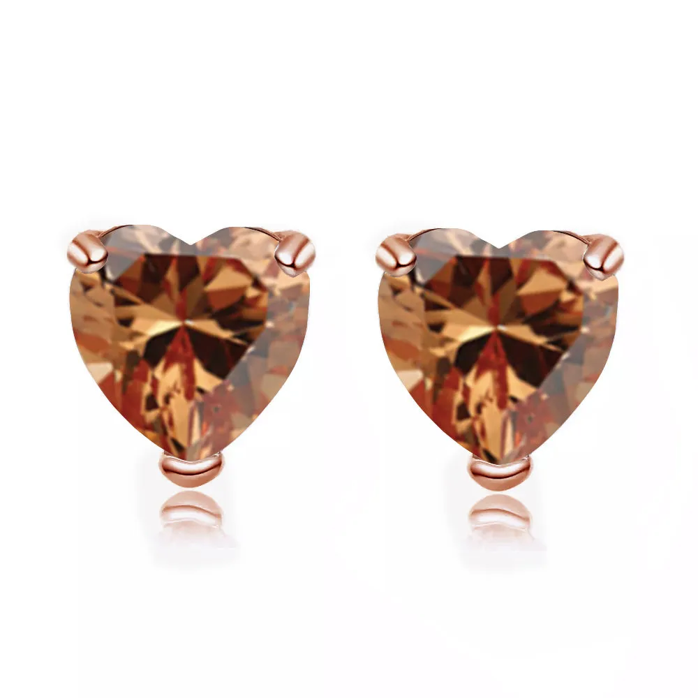 24k Rose Gold Plated 1/2 Carat Heart Created Citrine Sapphire Stud Earrings