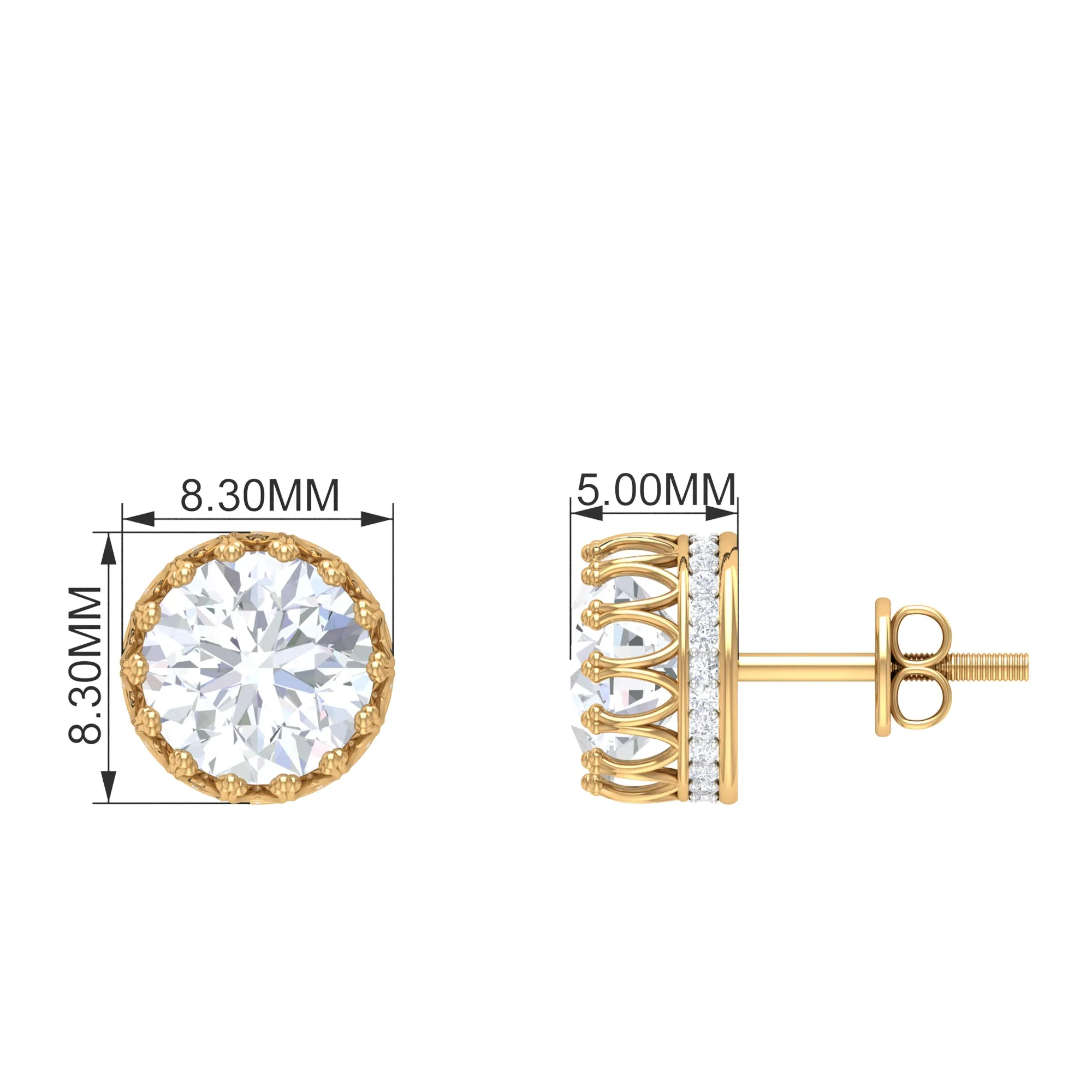 3 CT Crown Stud Earrings with Round Shape Zircon in Gold