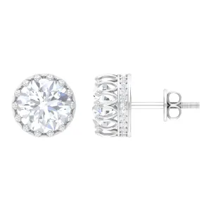 3 CT Crown Stud Earrings with Round Shape Zircon in Gold