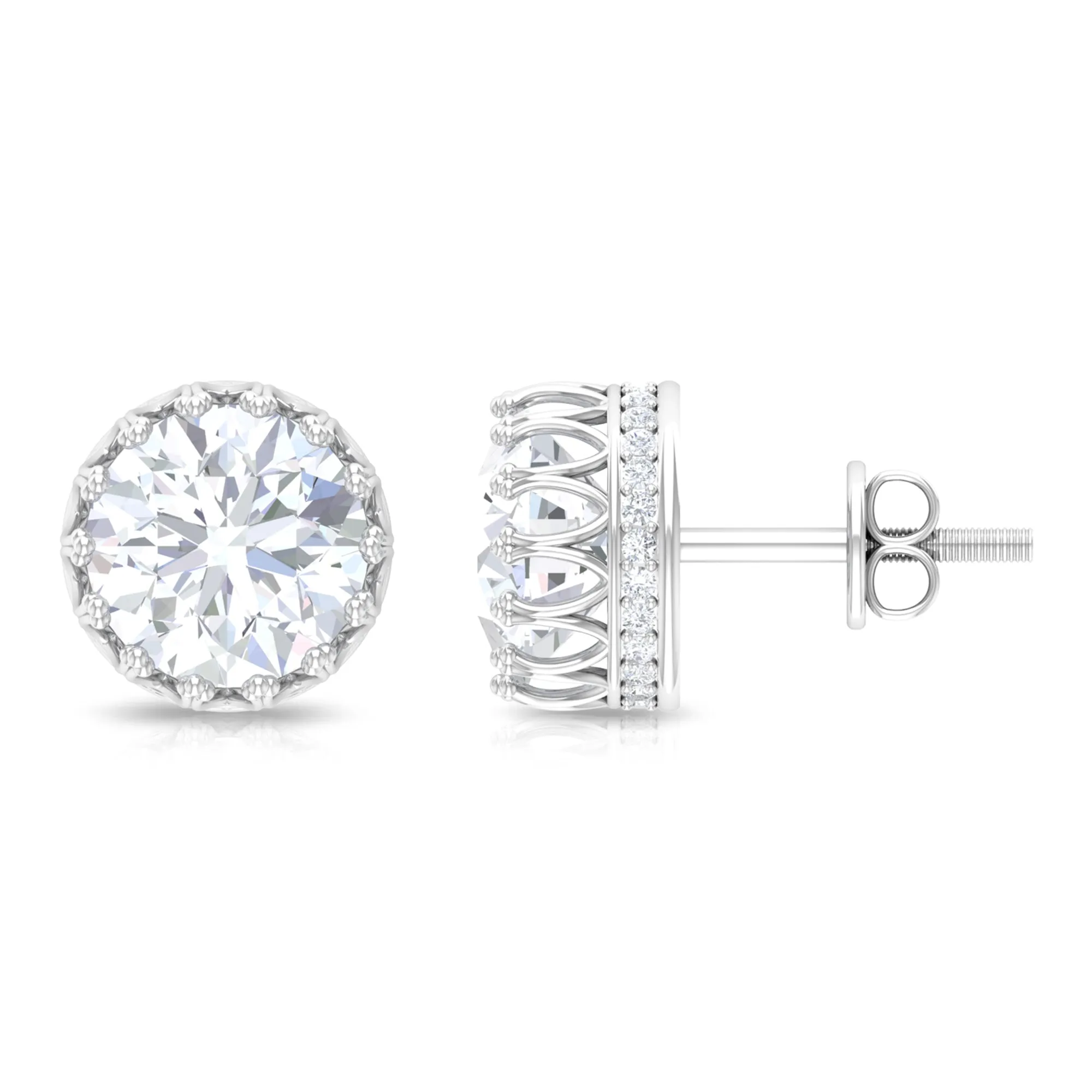 3 CT Crown Stud Earrings with Round Shape Zircon in Gold