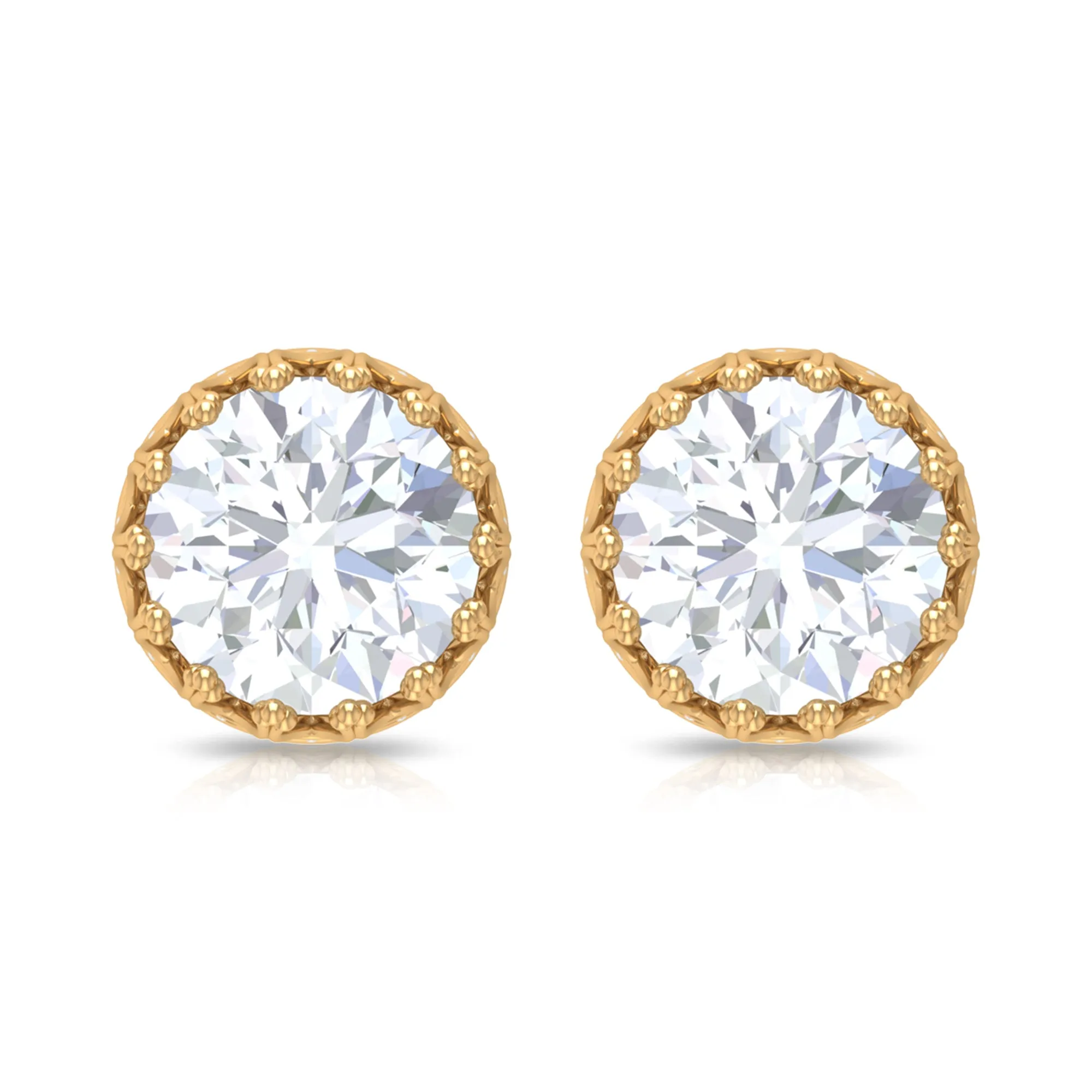 3 CT Crown Stud Earrings with Round Shape Zircon in Gold