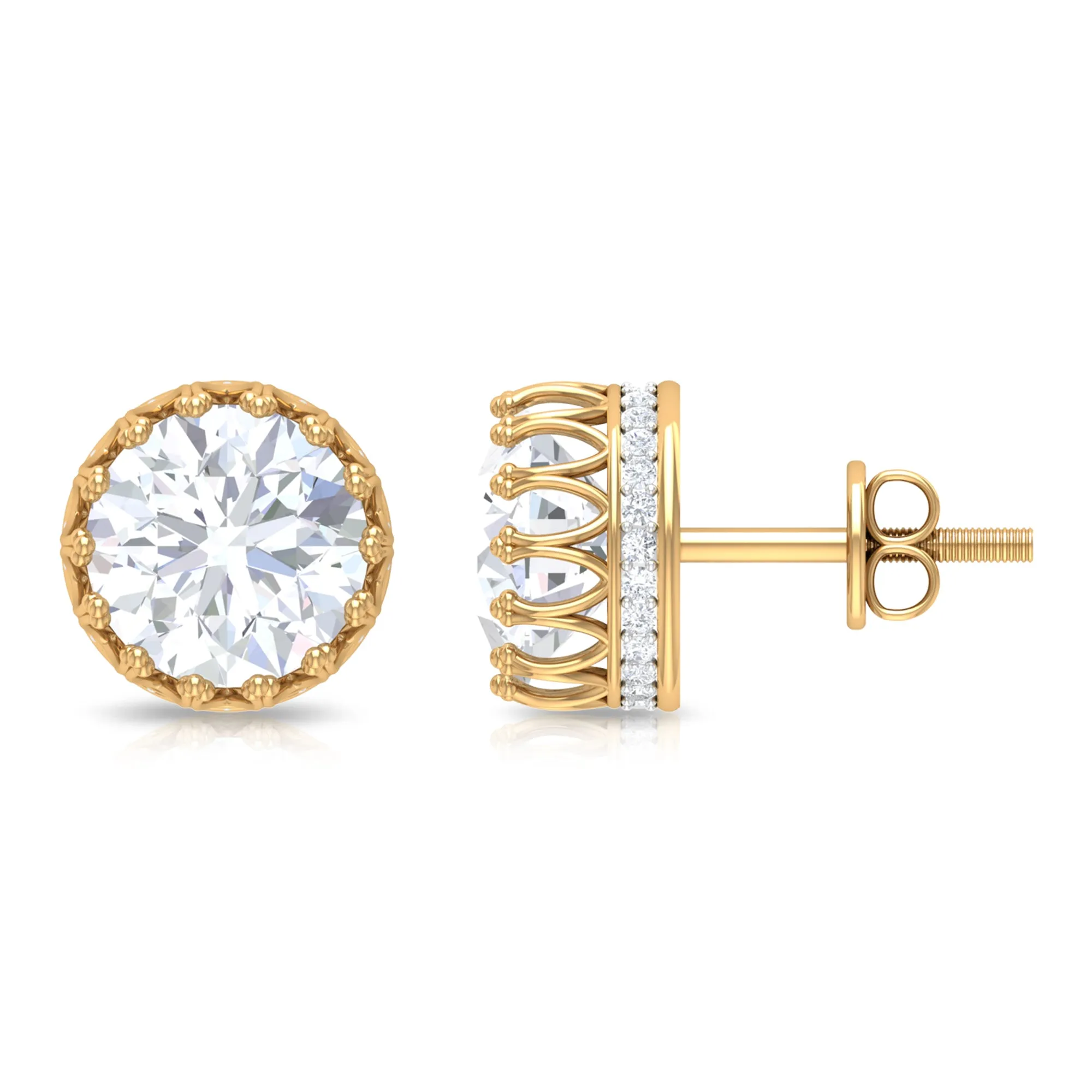 3 CT Crown Stud Earrings with Round Shape Zircon in Gold