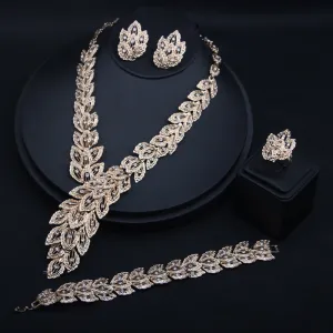 4PCS Gold Color Rhinestone Peacock Feather Necklaces Earrings Bracelet Rings Bridal Jewelry Sets Dubai Women Wedding Accessories