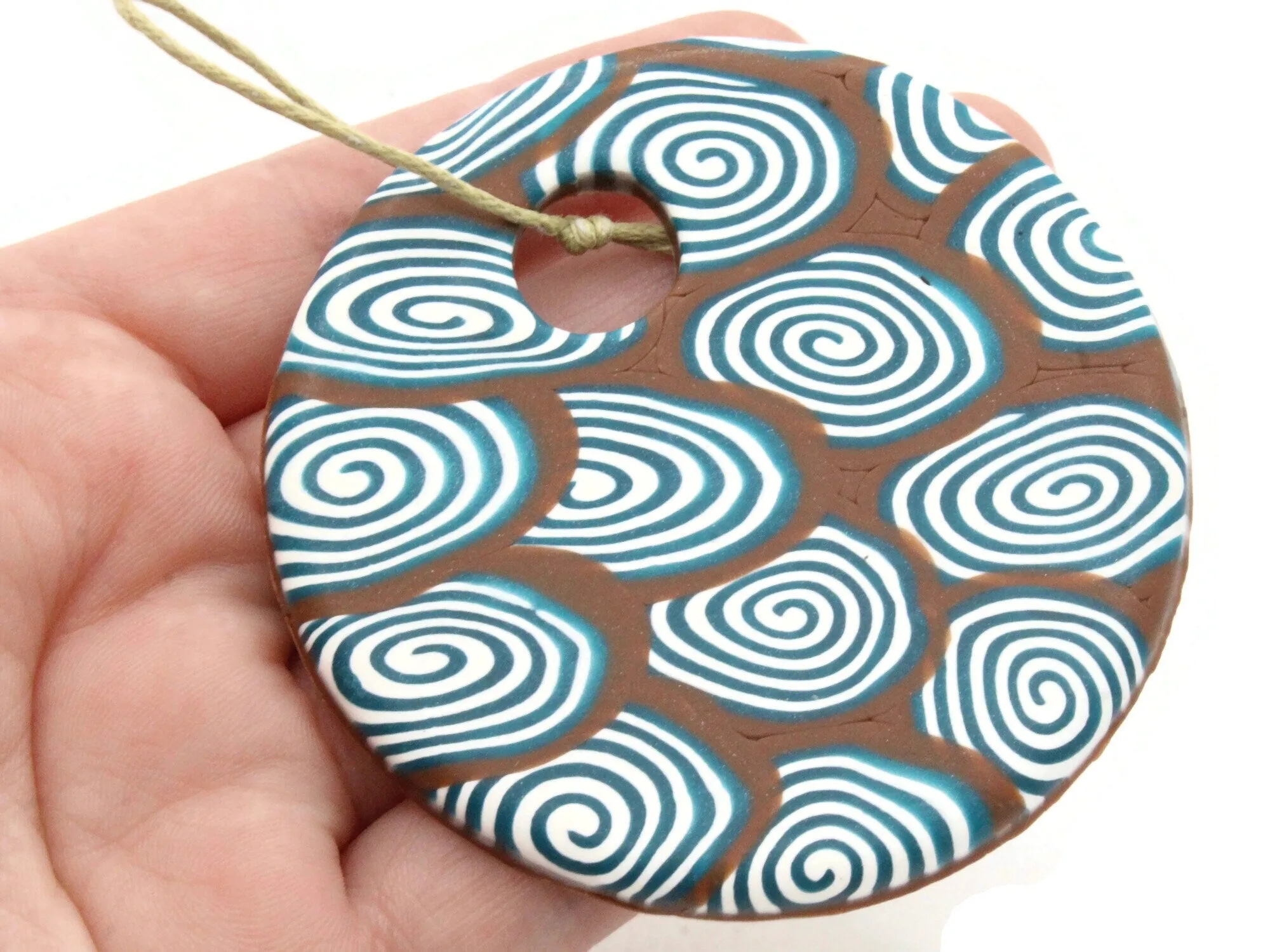 68mm Polymer Clay Pendant in Brown, Green and White Swirls