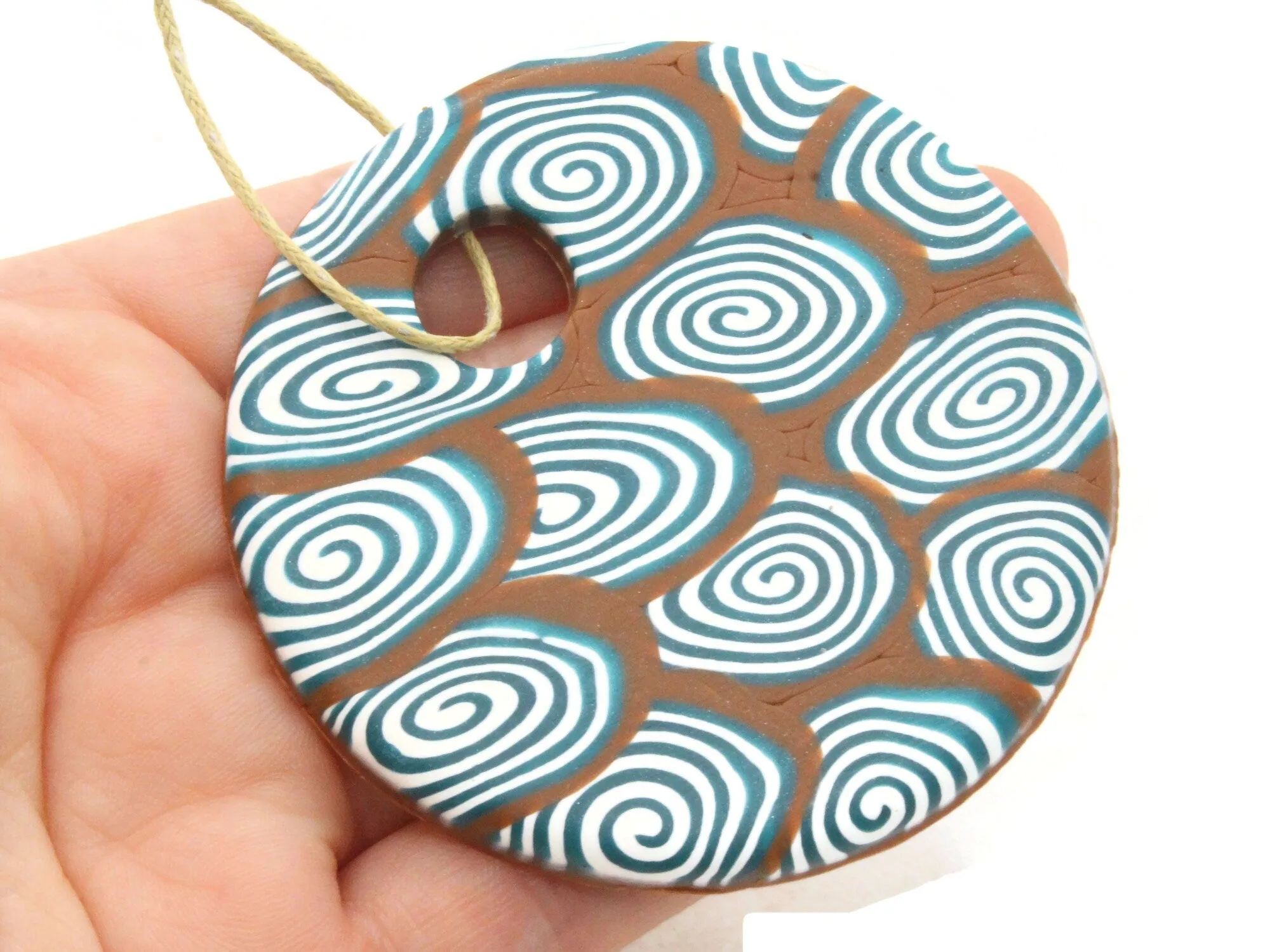 68mm Polymer Clay Pendant in Brown, Green and White Swirls