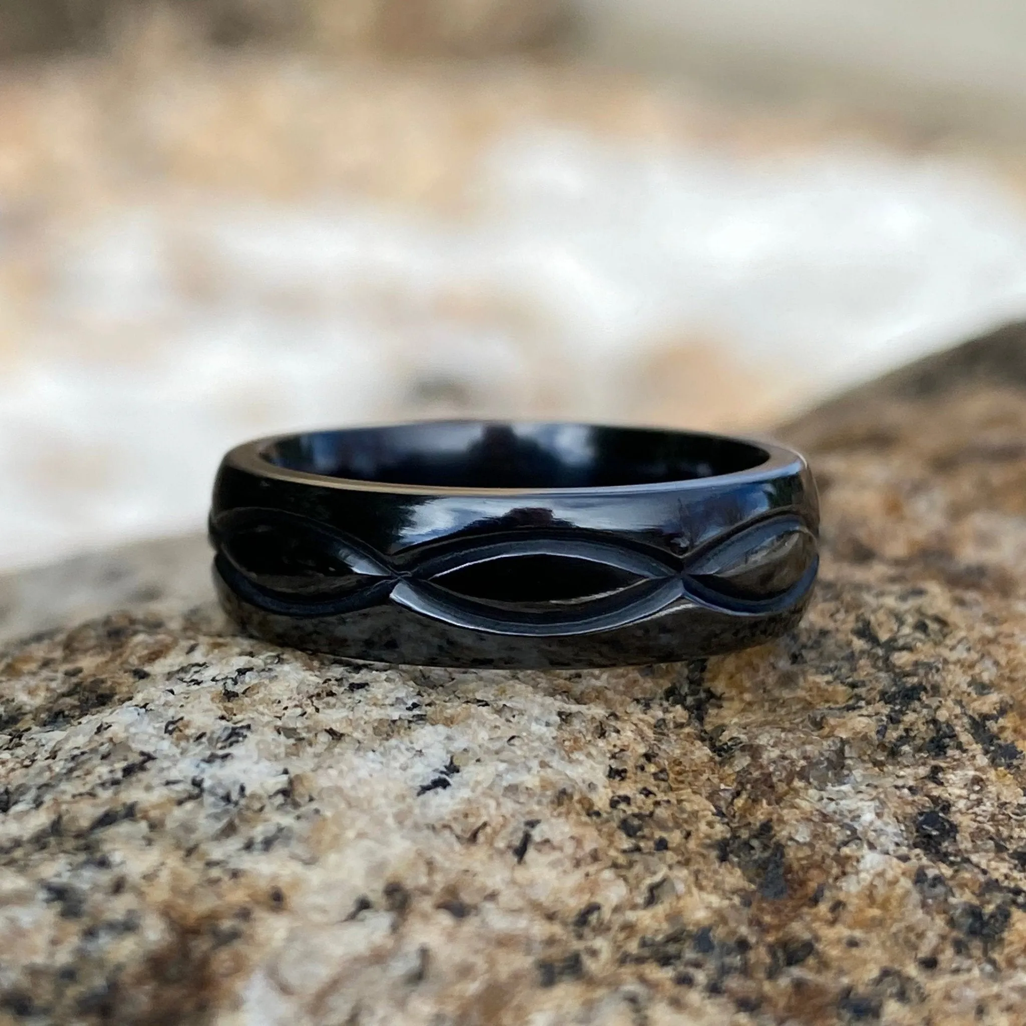 6mm Black Titanium Mens Ring - Mens Wedding Band with Infinity Design