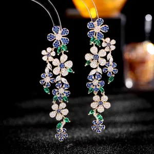 925 Silver Needles Long Floral Pendant Boho Earrings