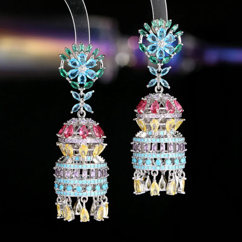 925 Silver Needles Three-dimensional Lantern Drop Long Boho Earrings