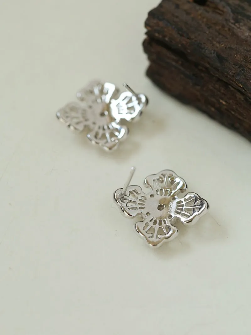 925 Silver New Hollow Lace Stud Earrings Four Leaf Clover Stud Earrings