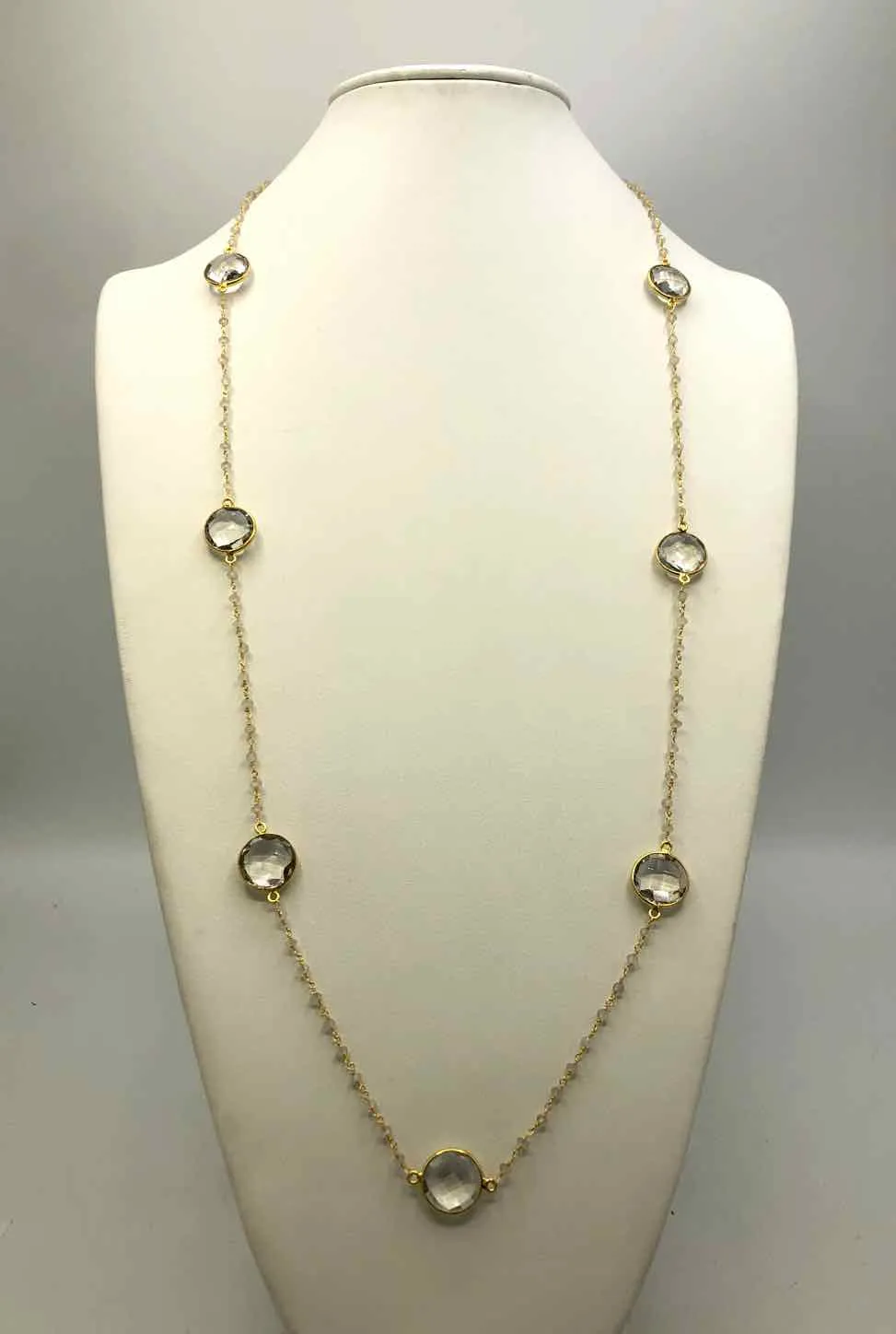 AMELIA ROSE DESIGN Goldtone Clear Crystal Rainbow Moonstone Faceted GF-Necklace