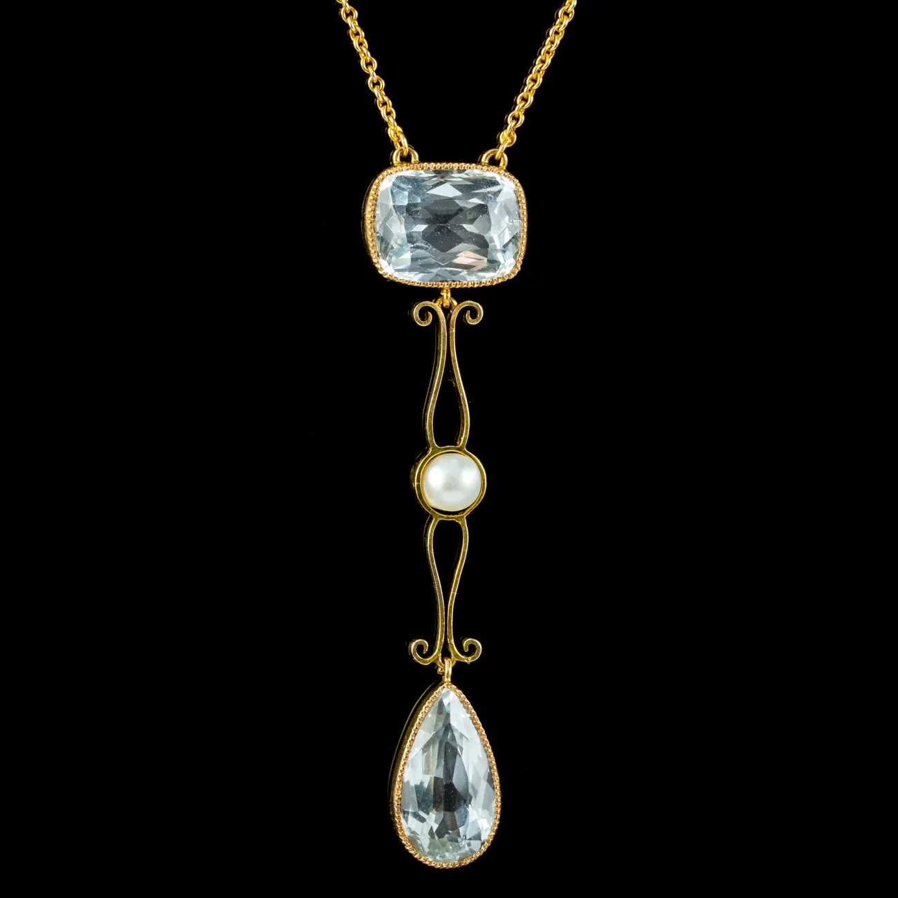 Antique Edwardian Aquamarine Pearl Lavaliere Necklace 15ct Gold Circa 1915