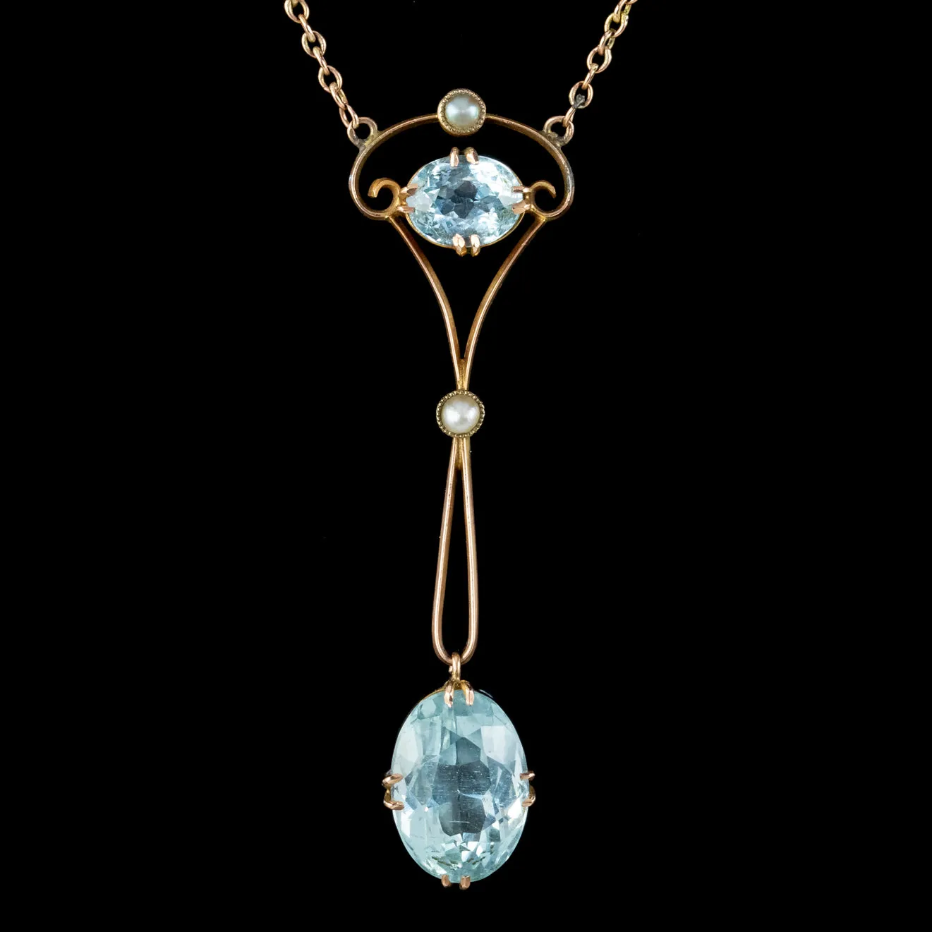 Antique Edwardian Aquamarine Pearl Lavaliere Necklace 9ct Gold 4.30ct Of Aqua Circa 1905