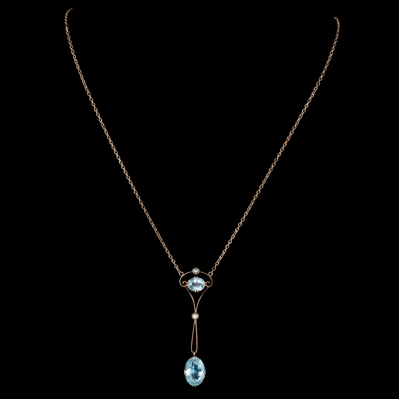 Antique Edwardian Aquamarine Pearl Lavaliere Necklace 9ct Gold 4.30ct Of Aqua Circa 1905