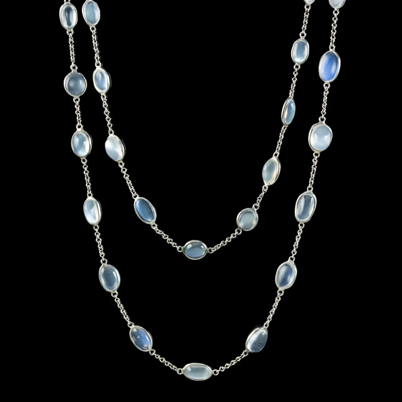 Antique Victorian Long Moonstone Chain Necklace Silver Circa 1900