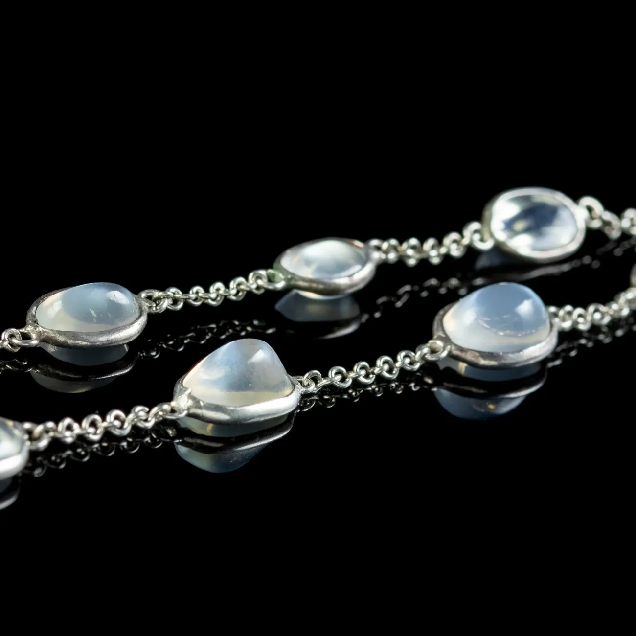 Antique Victorian Long Moonstone Chain Necklace Silver Circa 1900