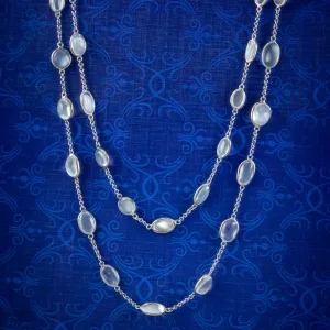 Antique Victorian Long Moonstone Chain Necklace Silver Circa 1900