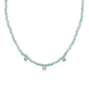 Apatite Gemstone & Three diamonds Necklace - 14K White Gold