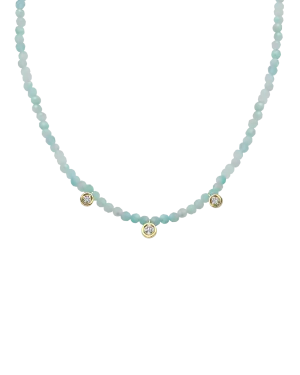 Apatite Gemstone & Three diamonds Necklace - 14K Yellow Gold